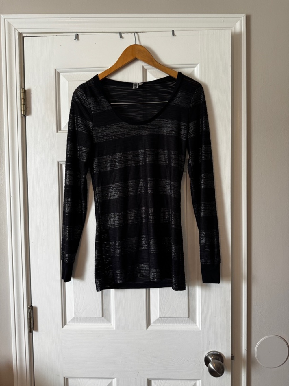 BKE Vintage Y2K Silver Black Striped Sheer Top Medium Early 2000s